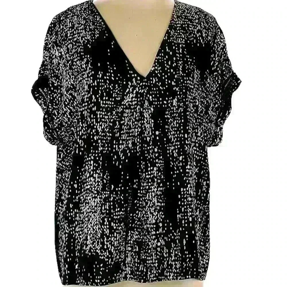 H by Halston L Short Sleeve Blouse - Black and White Print - Excellent Condition